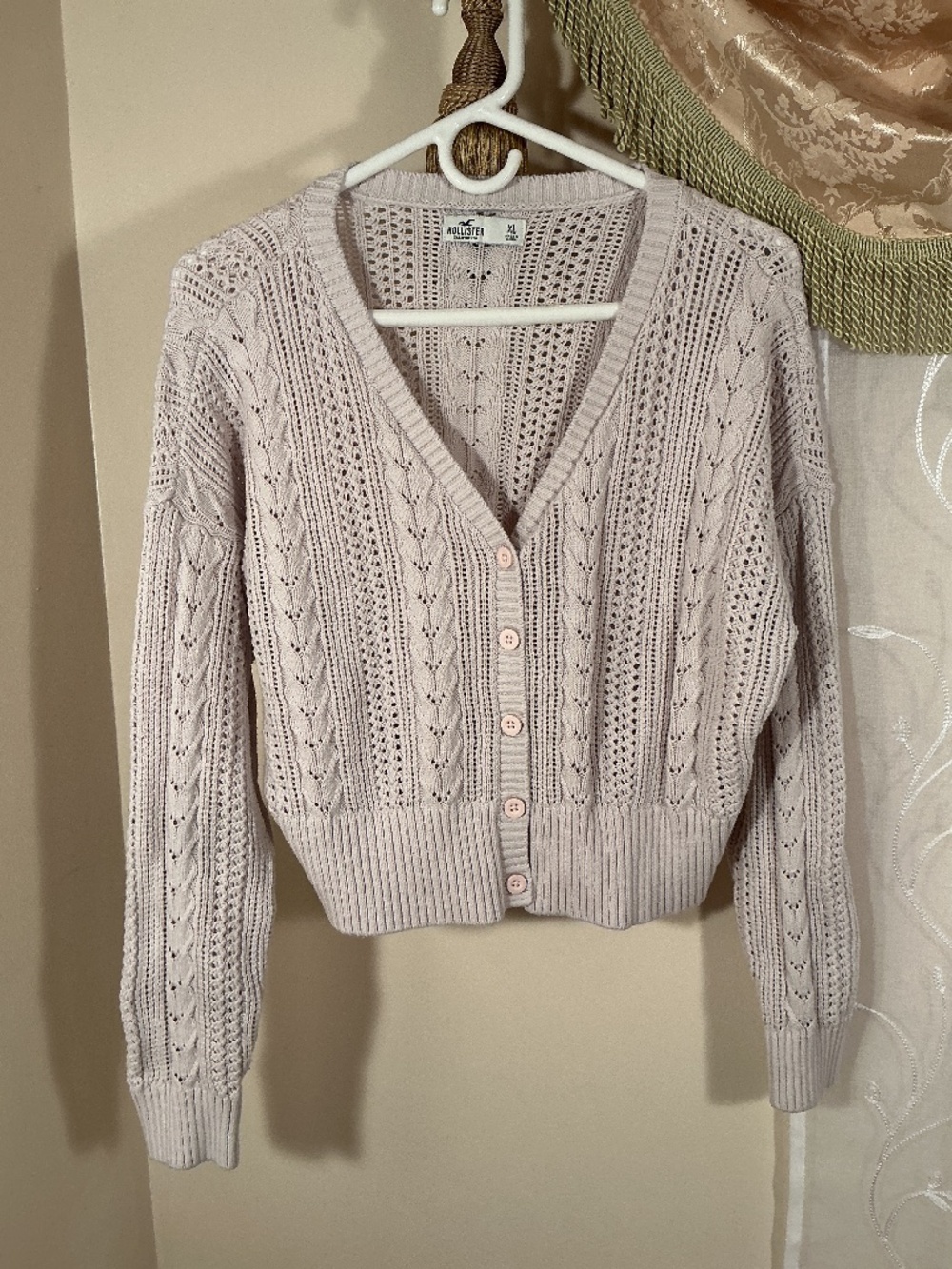 Hollister Cable Knit Button Front Cardigan Sweater Sz XL Cream Blush Open Knit